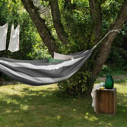 Outdoor Hammock – Gray and White Striped – Weather-Resistant Fabric for Garden, Patio, Backyard, or Camping, 59 x 104 Inch