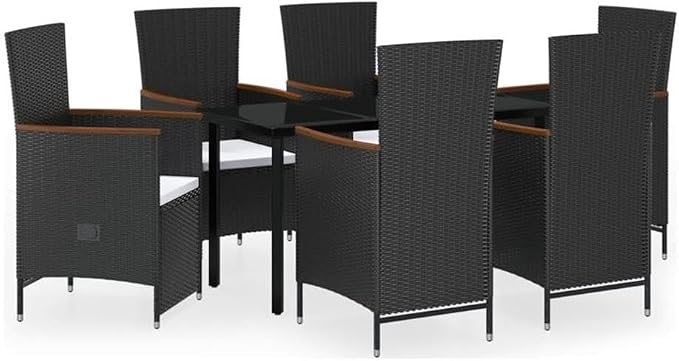 Afuera Living 7-Piece Contemporary Patio Dining Set, Black PE Rattan, Rectangular Tempered Glass Table, Powder-Coated Steel Frame, Adjustable Cushioned Chairs, Outdoor Garden Furniture for 6 People