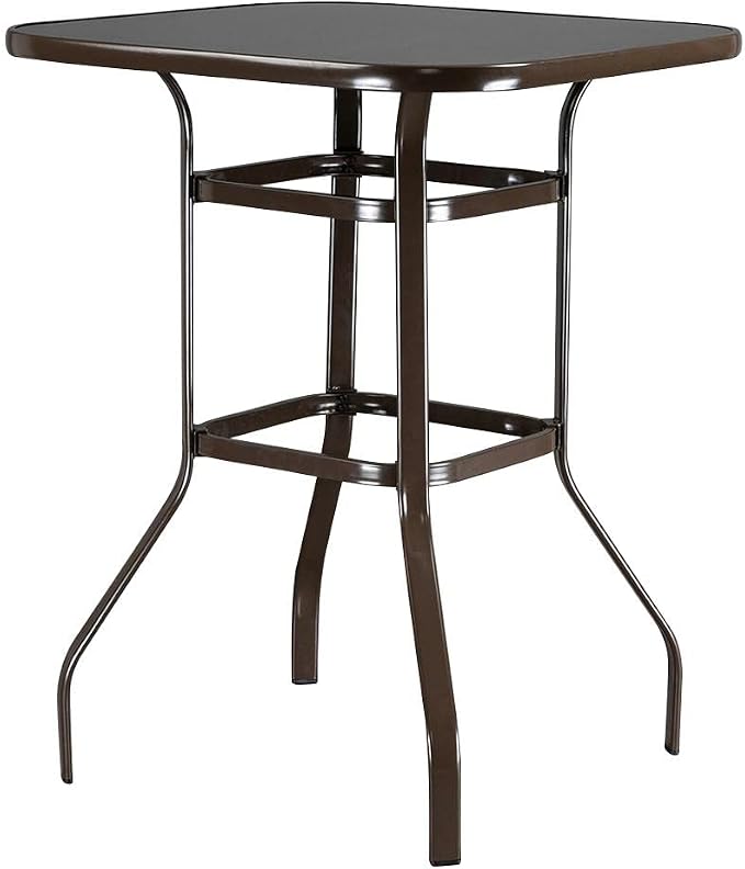 Kopokd Outdoor Bar Table Brown - Furniture Set for Garden Bistro - Bar Height Wrought Iron Table with Glass Top