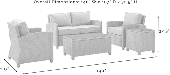 Crosley Furniture Bradenton 5-Piece Outdoor Loveseat Patio Furniture Set, Wicker Conversation Sets for Porch, Brown with Navy Cushions