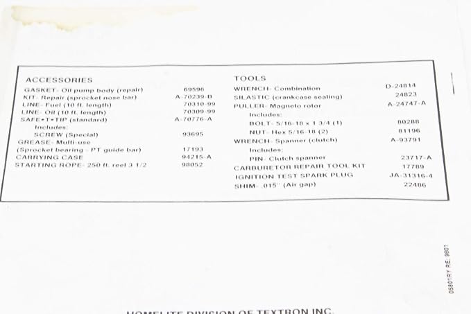 Homelite Parts List UT-10655 and UT-10654 Automatic Oiling Chain Saws Plastic Engine Housing Handheld Equipment Parts