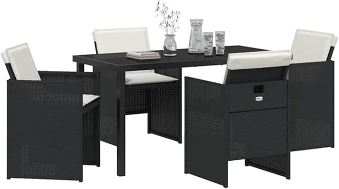 Afuera Living 5 Piece Poly Rattan Garden Dining Set, Black Finish, Metal Frame with Tempered Glass Tabletop, Weather-Resistant Outdoor Patio Seating, Modern Style, Seating Capacity 4