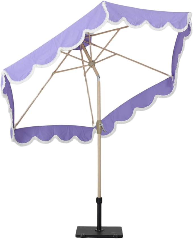 Tempera 9ft Beige Spliced Purple Tassels Scallop Patio umbrella,Outdoor Table Market Umbrellas with Crank & Pust Button Tilt, Wood Color Pole and 8 Steel Ribs