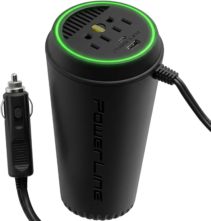 PowerLine PowerCup-XPD Car Inverter - 200/260W, 2 AC Sockets, 2 USB Ports (USB-C PD3 at 67W & USB-A at 13W)