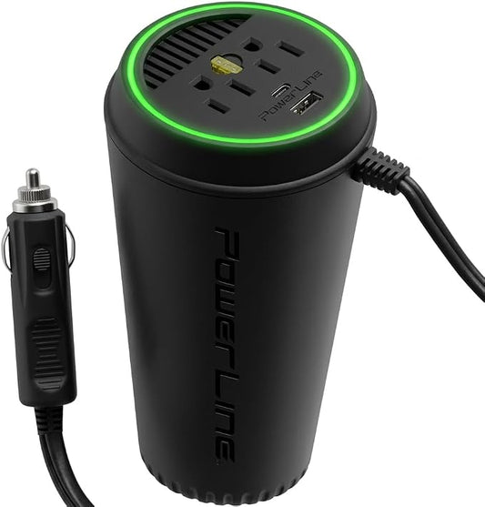 PowerLine PowerCup-XPD Car Inverter - 200/260W, 2 AC Sockets, 2 USB Ports (USB-C PD3 at 67W & USB-A at 13W)