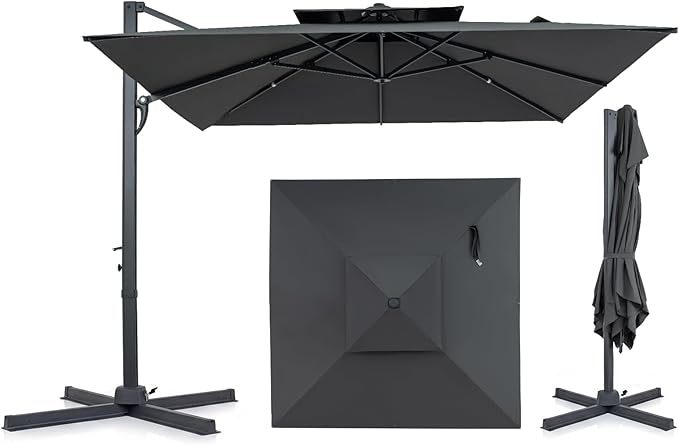 Tangkula 10 FT Patio Cantilever Umbrella, Large Square Offset Hanging Umbrella w/ 360° Rotation, 8 Sturdy Ribs, Air Vent & Cross Base, Heavy-Duty Outdoor Sun Shade for Backyard Pool Garden Deck, Grey