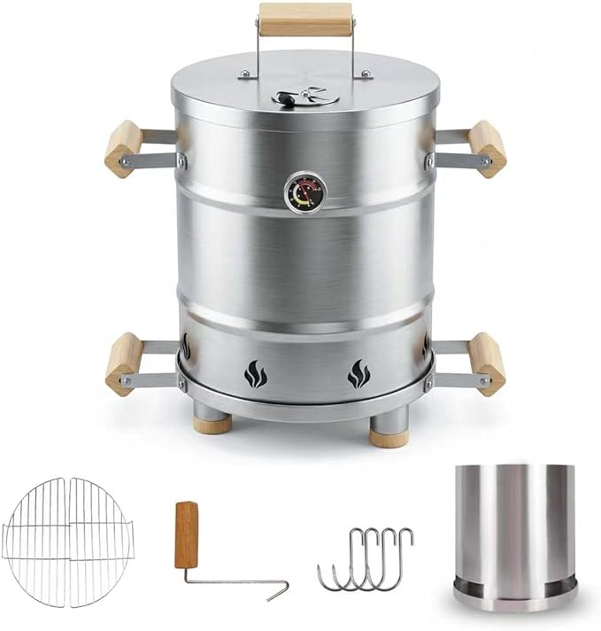 Mini Vertical Barrel Smoker & Grill Combo (6 LBS) | Food-Grade 304 Stainless Steel with Meat Hooks & Grate | Safe Rolled-Edge Design | Portable Charcoal Meat Roaster for Balcony & Backyard