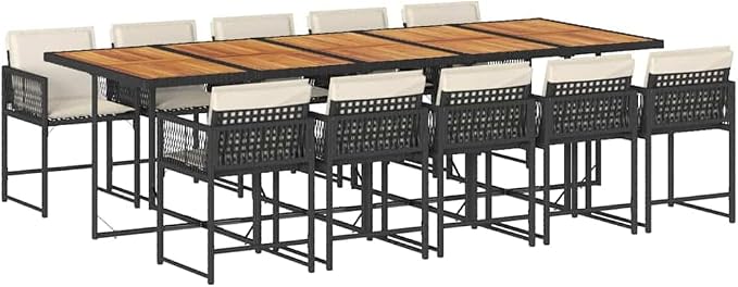 11 Piece Patio Dining Set with Cushions, Outdoor Rattan Table and 10 Folding Chairs, Black Poly Rattan Furniture for Backyard Garden Deck, UV-Proof, Space-Saving Design, 242. 5 Cream White Cushions