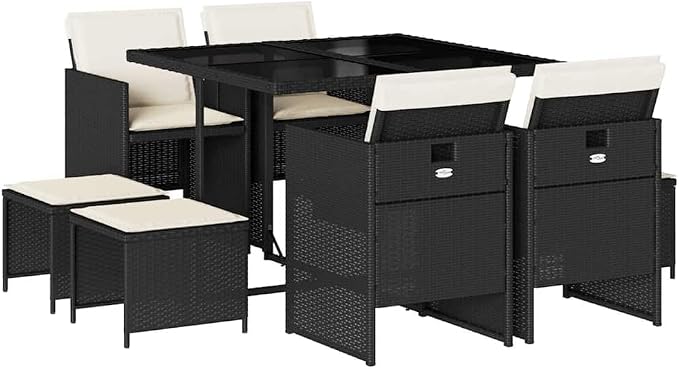9 Piece Garden Dining Set, Black Poly Rattan Patio Furniture Set, Space Saving Cube Outdoor Dining Table and Chairs with Cushions for Backyard Patio