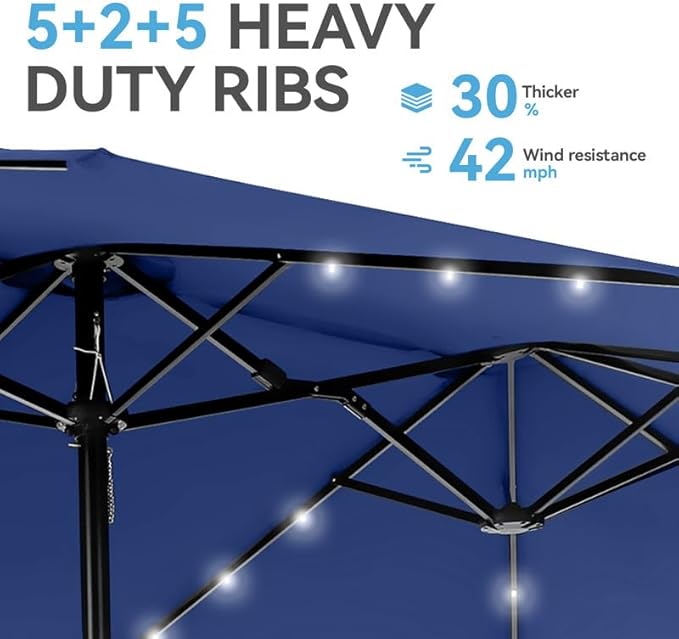 GREEN PARTY 15 ft Large Outdoor Patio Umbrella with Solar Led Lights & Base Included, Double-Sided Rectangular Table Umbrella with Stand, Market Umbrellas for Deck Poolside Garden Backyard, Haze Blue