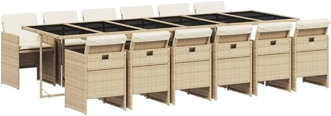 13 Piece Patio Dining Set, Foldable PE Rattan Garden Furniture Table and Chairs with Cushions for Backyard, Balcony, Beige