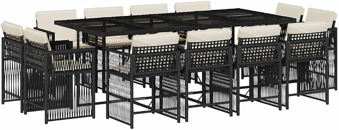 13 Piece Garden Dining Set with Cushions, Large Outdoor Rattan Dining Table and 12 Chairs for Patio, Terrace and Backyard, Black Wicker Furniture with Cream White Cushions