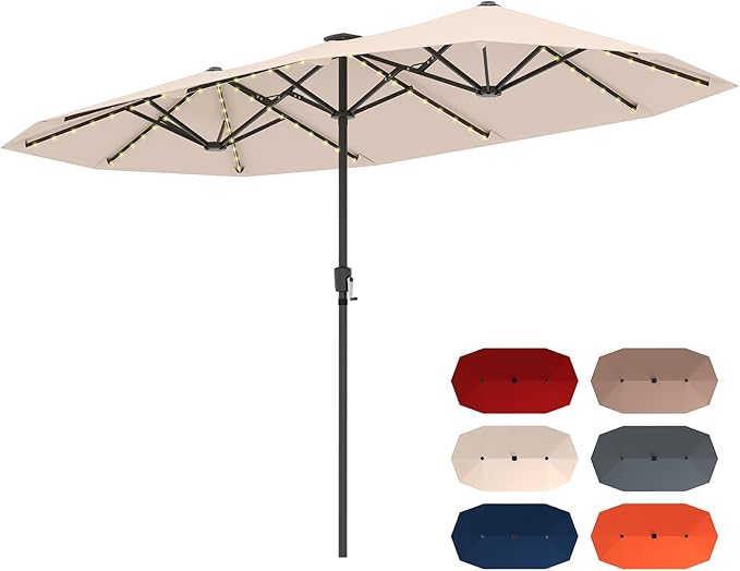 Tangkula 13 Ft Solar Patio Umbrella, Double-Sided Extra Large Outdoor Market Table Umbrella with 108 LED Lights, Crank Handle, 12 Sturdy Ribs for Poolside, Garden & Backyard (Beige)