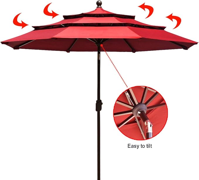 EliteShade USA 10-Year-Non-Fading 9ft 3-Tier Market Patio Umbrella, Commercial Grade Outdoor Table Umbrella with Crank Open, Windproof & UPF 50+ UV Protection, Heavy Duty Ventilation for Garden, Deck, Pool, Backyard, Beach & Bistro, Logo Red