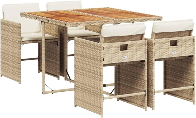 5 Piece Outdoor Dining Set with Cushions Beige Poly Rattan, Patio Table and 4 Folding Chairs for Garden Backyard, UV-Proof PE Rattan Acacia Wood Tabletop, 242.5lb Capacity Seats