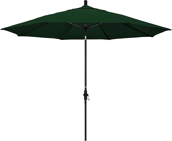 California Umbrella 11Ft Fiberglass Rib Patio Umbrella, Hand-Crank, Tilt-Collar, Black Frame, Solution Dyed Hunter Green Fabric