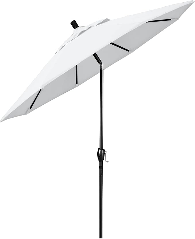 California Umbrella 9' Round Aluminum Market Umbrella, Crank Lift, Push Button Tilt, Black Pole, White Olefin