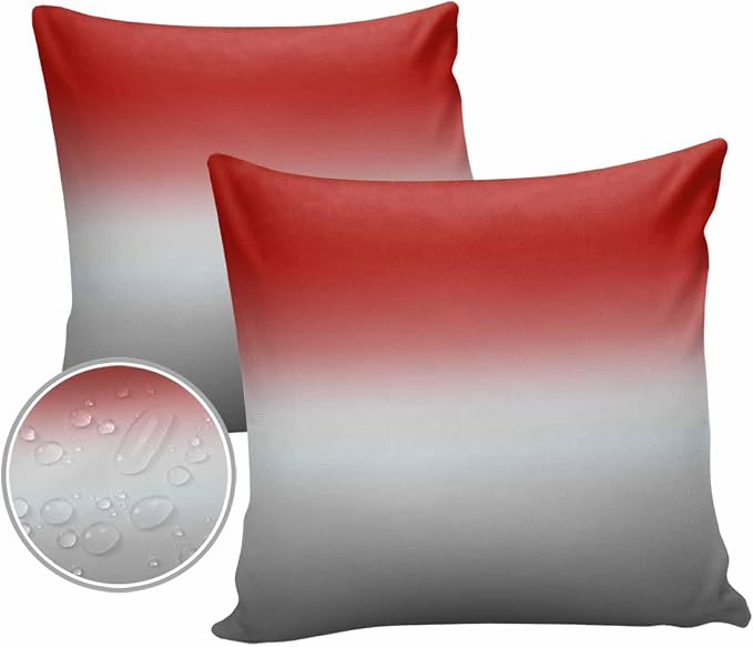 Outdoor Waterproof Throw Pillow Covers Set of 2 Red Grey Ombre Pillowcases 16x16 Inches Gradient Gradual Color Patio Decorative Pillows Cushion Case Patio Pillows for Couch Bed Chair Garden