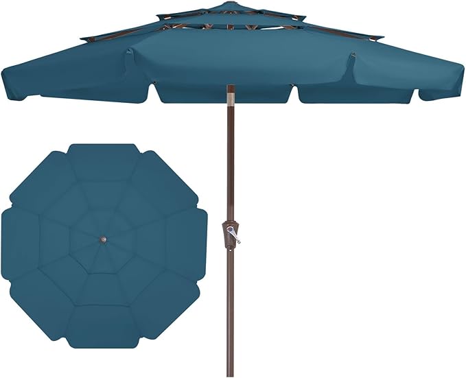 JEAREY 3 Tiers 9 FT Patio Umbrellas Outdoor Table Umbrella with Push Button Market Umbrella 8 Sturdy Ribs UV Protection Waterproof for Garden,Lake Blue