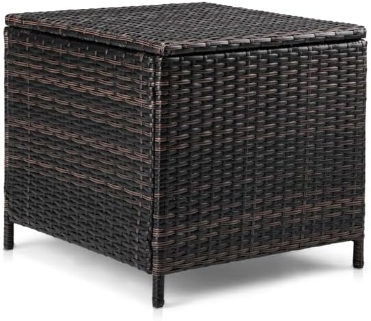 Outdoor PE Wicker Side Table with Storage, Patio Rattan End Table Square Container for Furniture Covers (Brown)