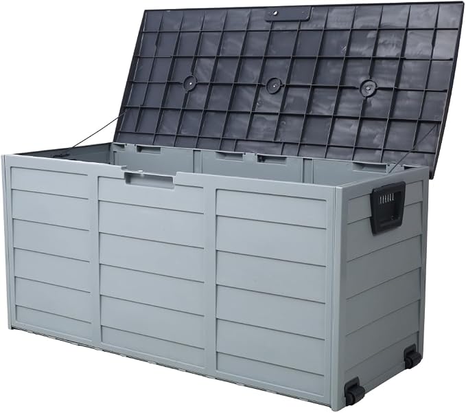 Large Outdoor Deck Box Storage bench for Patio, Backyard or Garden - Durable Weather-Resistant Resin with Wheels and Handles