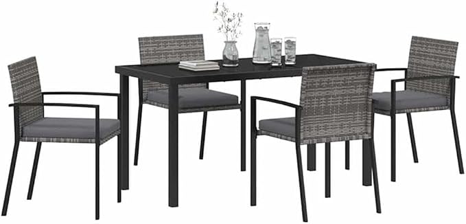Afuera Living 5 Piece Poly Rattan Garden Dining Set, Black Finish, Powder-Coated Steel Frame, UV-Resistant Durable Outdoor Furniture with Seat Cushions, Armrests, Modern Patio or Garden Seating
