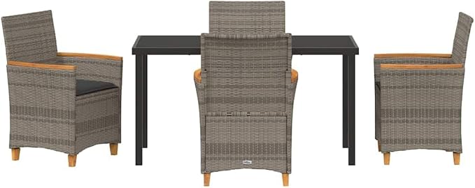 5 Piece Poly Rattan Garden Dining Set, Patio Table and 4 Chairs with Cushions, Modern Grey Outdoor Furniture for Backyard Terrace
