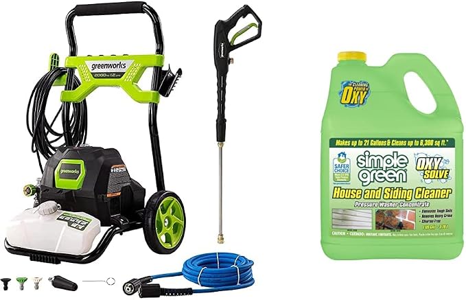 Greenworks 2000 PSI 1.2 GPM Pressure Washer GPW2003 & Oxy Solve House and Siding Pressure Washer Cleaner & Mildew on Vinyl, Aluminum, Wood, Brick, Stucco - Concentrate 1 Gal.