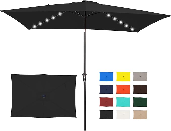 JEAREY 6.5x10 ft Rectangular LED Lighted Patio Umbrellas Outdoor Solar Table Market Umbrella w/Push Button Tilt/Crank, 6 Sturdy Ribs, UV Protection Waterproof Sunproof(Black)