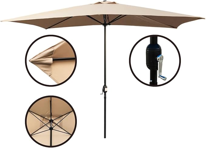 ABBLE Outdoor Patio Umbrella 10Ft x 6.5 Ft Rectangular with Crank, Weather Resistant, UV Protective Umbrella, Durable, 6 Sturdy Steel Ribs, Market Outdoor Table Umbrella, Tan