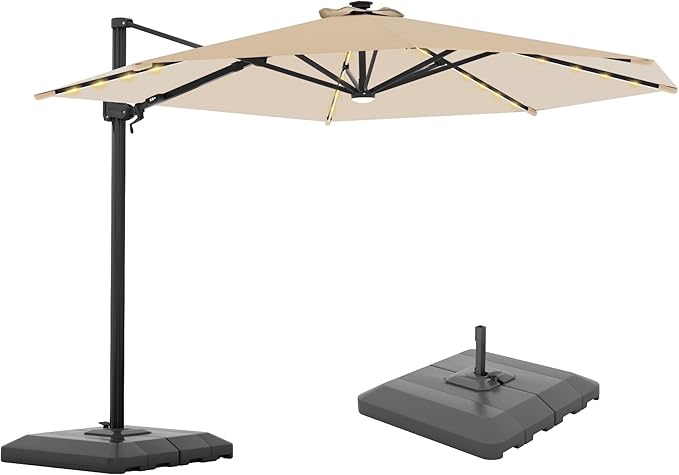 FLAME&SHADE 11ft Cantilever Patio Umbrella with Base, Round Offset Umbrella with Solar Light Strips, Large Heavy Duty Outdoor Aluminum 360° Rotation,for Deck,Pool,Backyard