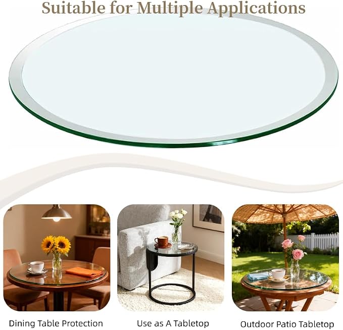 Meihua Glass Table Top, 28 Inch Round 3/8" Thick Beveled Polished Edge, Clear Tempered Glass Surface Protector, Multipurpose for Dining Table, Patio, Coffee and End Table
