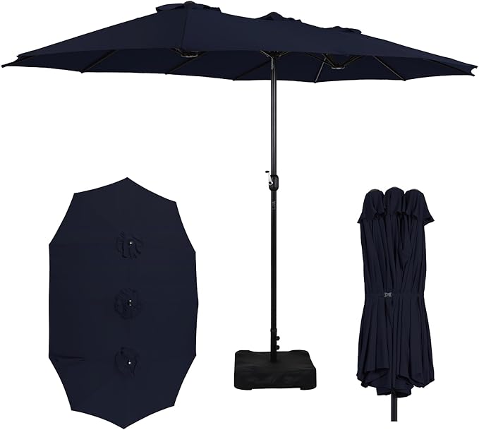 15FT Extra Large Patio Umbrella with Base Included, Heavy Duty Rectangle Outdoor Market Umbrella with 12 Strong Ribs for Patio, Garden, Lawn, Deck & Pool