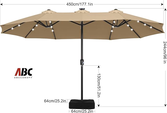 ABCCANOPY 15ft Umbrella Outdoor Patio Solar Lights with Base, Outdoor Double-Sided Rectangle Umbrella for Poolside, Lawn, Backyard (Khaki)