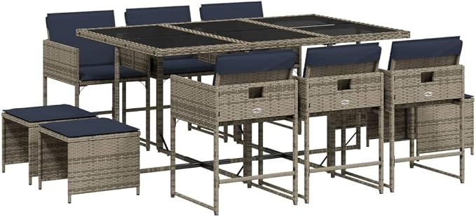 11 Piece Garden Dining Set with Cushions Grey Poly Rattan Outdoor Patio Furniture Table and 6 Chairs with Foldable Backrest, UV Resistant Tempered Glass Top, Space Saving for Backyard