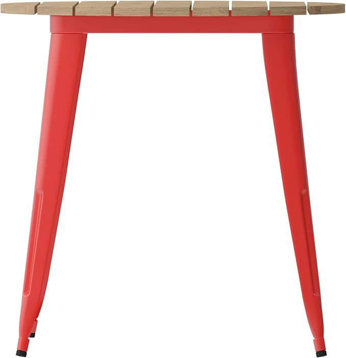 EMMA + OLIVER Drew Dining Table - Brown 30" Round Poly Resin Table Top - Red Steel Base - All-Weather for Indoor/Outdoor Use