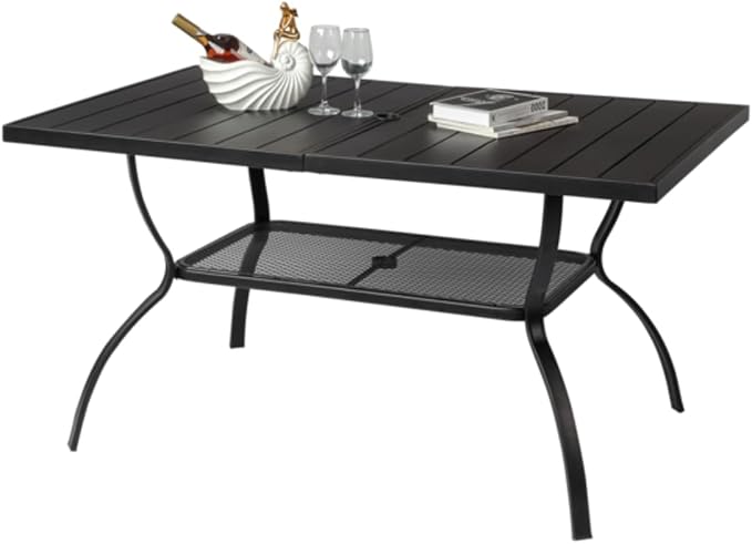 Dulce Domi Rectangle Patio Table, 66"x38" Outdoor Dining Table W/ 1.5" Umbrella Hole, Outdoor Table for Family Party, Metal Dining Table for Backyard Max Weight 160Lbs