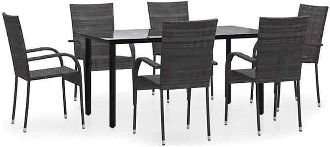 BOWERY HILL 7-Piece Garden Dining Set, PE Rattan and Powder-Coated Steel, Gray Finish, Stackable Chairs, Tempered Glass Table, Outdoor Patio Furniture for Garden and Terrace Dining
