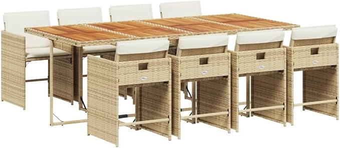 9 Piece Patio Dining Set, 8-Seater Outdoor Garden Furniture with Foldable Chairs, Acacia Wood Tabletop, PE Rattan Wicker Set for Backyard Deck, Beige Cushions