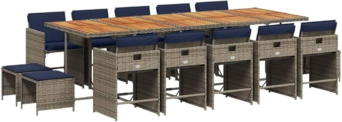 15 Piece Garden Dining Set, PE Rattan Patio Furniture with Acacia Wood Tabletop, Foldable Chairs and Stools for Outdoor Backyard Deck