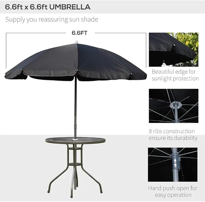 6 Piece Patio Dining Set for 4 with Umbrella, Outdoor Table and Chairs with 4 Folding Dining Chairs & Round Glass Table for Garden, Backyard and Poolside, Black