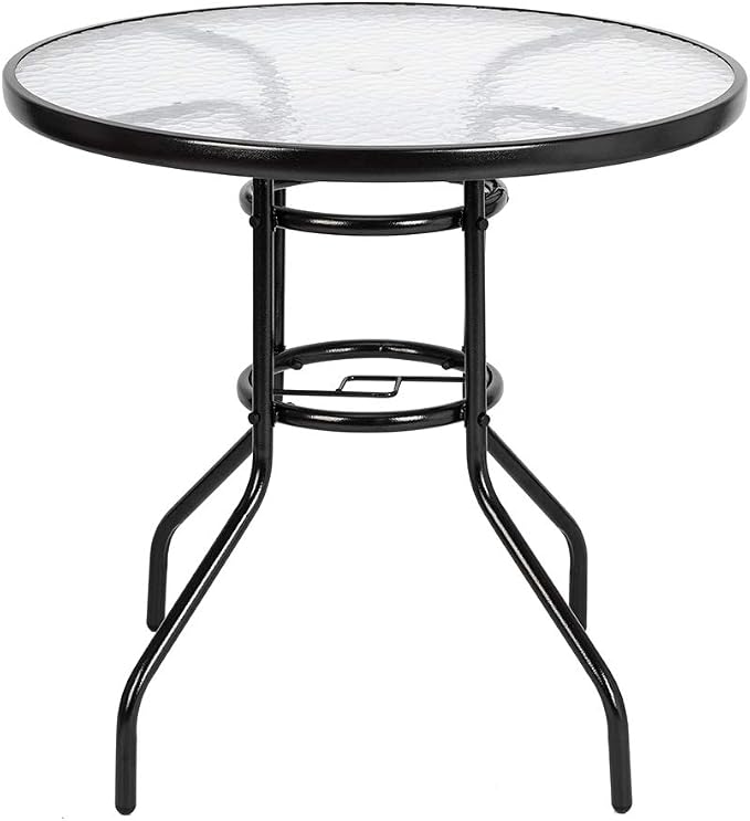 Outdoor Dining Table Round 31.5 Inch - Toughened Glass Top with Powder-Coated Steel Base - Garden Patio Table Water Ripple Design - All-Weather Yard Coffee Table for Indoor Outdoor Use