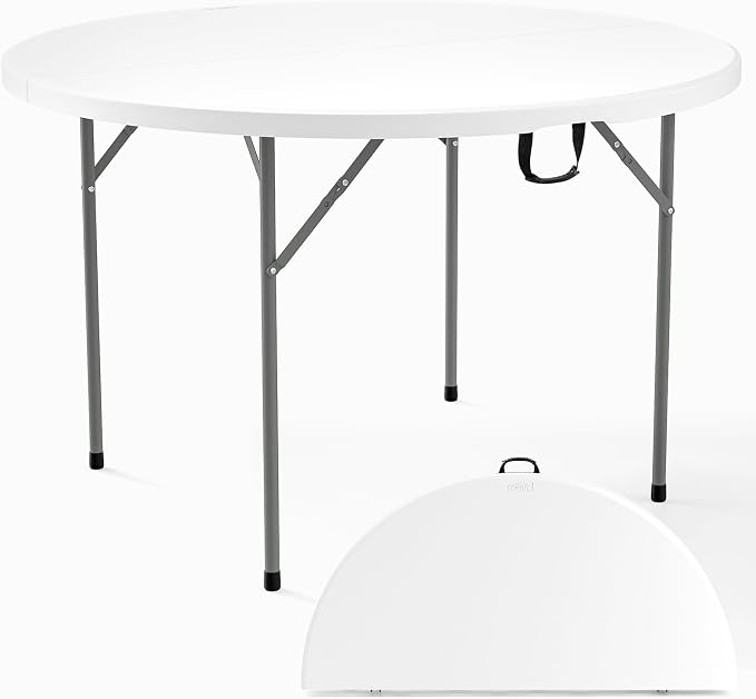 VINGLI White 48" Round Bi-Folding Commercial Table, 4 Feet Portable Plastic Dining Card Table for Kitchen or Outdoor Party Wedding Event, 4-Pack