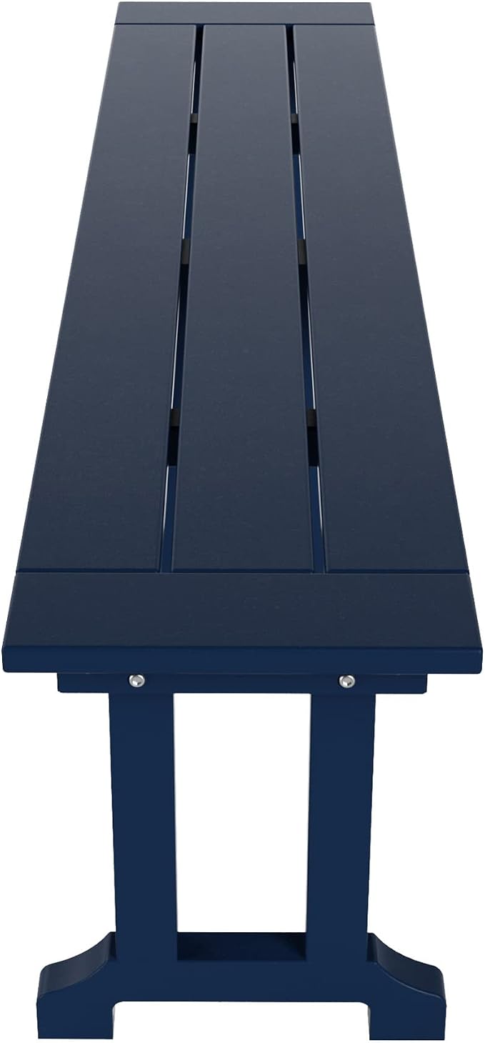 WestinTrends Malibu 6 Piece Adirondack Patio Dining Set with Bench, All Weather Poly Lumber Outdoor Table and Chairs, 71" Trestle Dining Table, 4 Adirondack Chair with Dining Bench, Navy Blue