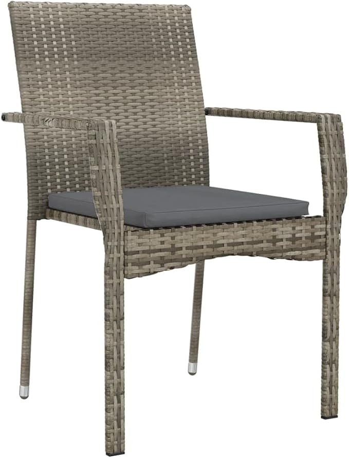 5 Piece Patio Dining Set with Cushions Gray Poly Rattan Outdoor Dining Table and 4 Chairs for Garden Backyard Deck Weather Resistant PE Wicker Steel Frame Acacia Wood Tabletop Comfortable Seating