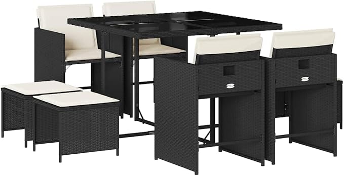 9-Piece Outdoor Dining Set, 8-Seater Garden Table with Chairs and Stools, Weather-Resistant Poly Rattan Patio Furniture for Backyard, Balcony, Dining