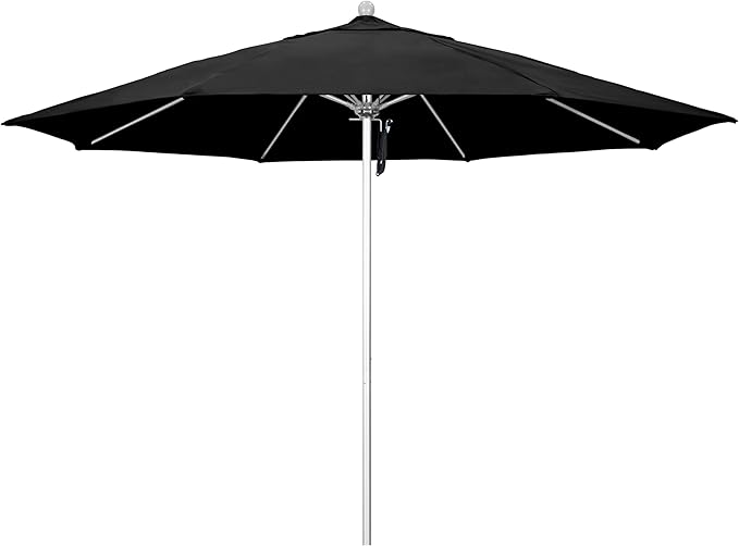 California Umbrella 11Ft Commercial Grade Market Umbrella, Pulley Lift, Aluminum/Fiberglass, 2mm pole wall, Silver Frame, Solution Dyed Black Fabric