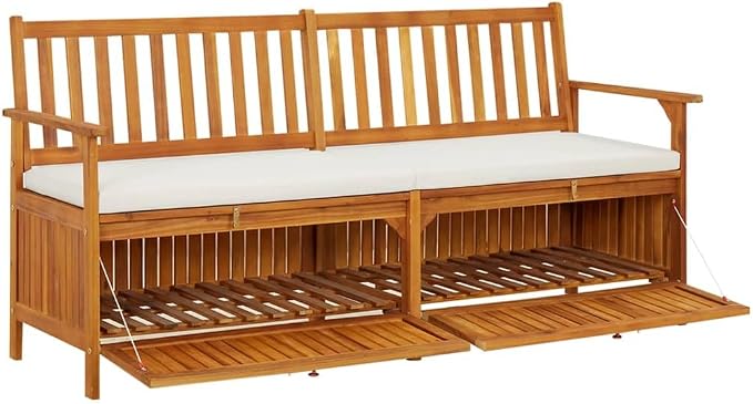 Patio Storage Bench with Cream White Cushion, Outdoor Wooden Deck Box, Solid Wood Patio Furniture for Outdoor Cushions, Pool Storage and Garden Tools, 66.9"x24.8"x33.1", -334