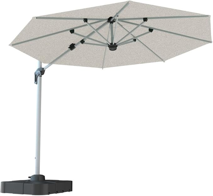 Midtown Umbrellas The Grande Round 10 FT Outdoor Cantilever Patio Umbrella w/Sunbrella Chartres Silk Acrylic Fabric - 8 Rib Aluminum Frame Offset w/Tilt And 360° Rotate Pedal System - Silver Frame