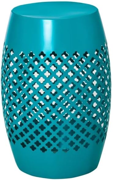 Teal Steel Outdoor Side Table, 12.5" Round Hollow Drum Patio End Table with Geometric Lattice Design, Decorative Metal Accent Table for Garden, Balcony, Living Room, No Assembly